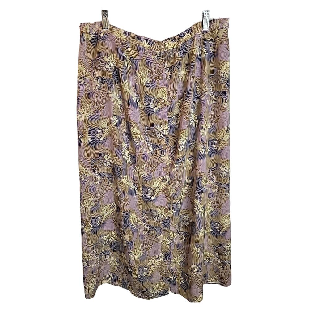 Sag Harbor Pink Leaves Print Button Front High Waisted Midi Skirt Womens Size XL